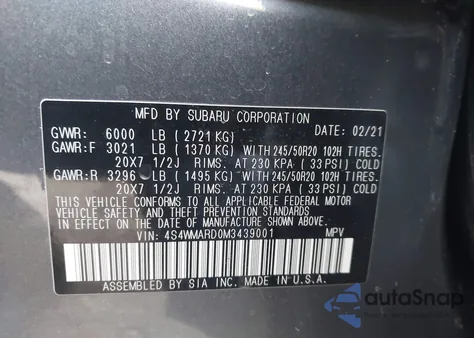2021 Subaru Ascent Touring z USA, uszkodzony, nr VIN 4S4WMARD0M3439001